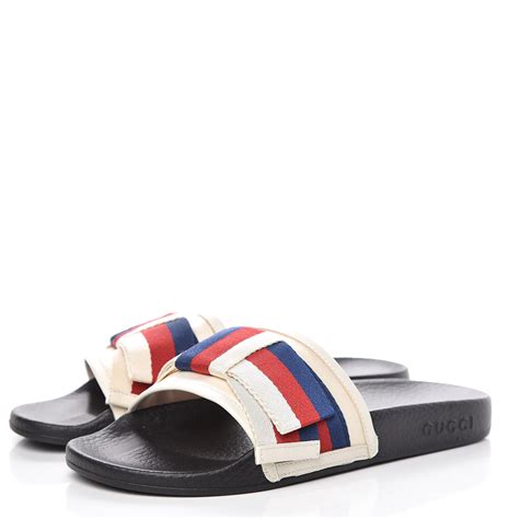 white satin slide with web bow gucci|Gucci ladies slides.